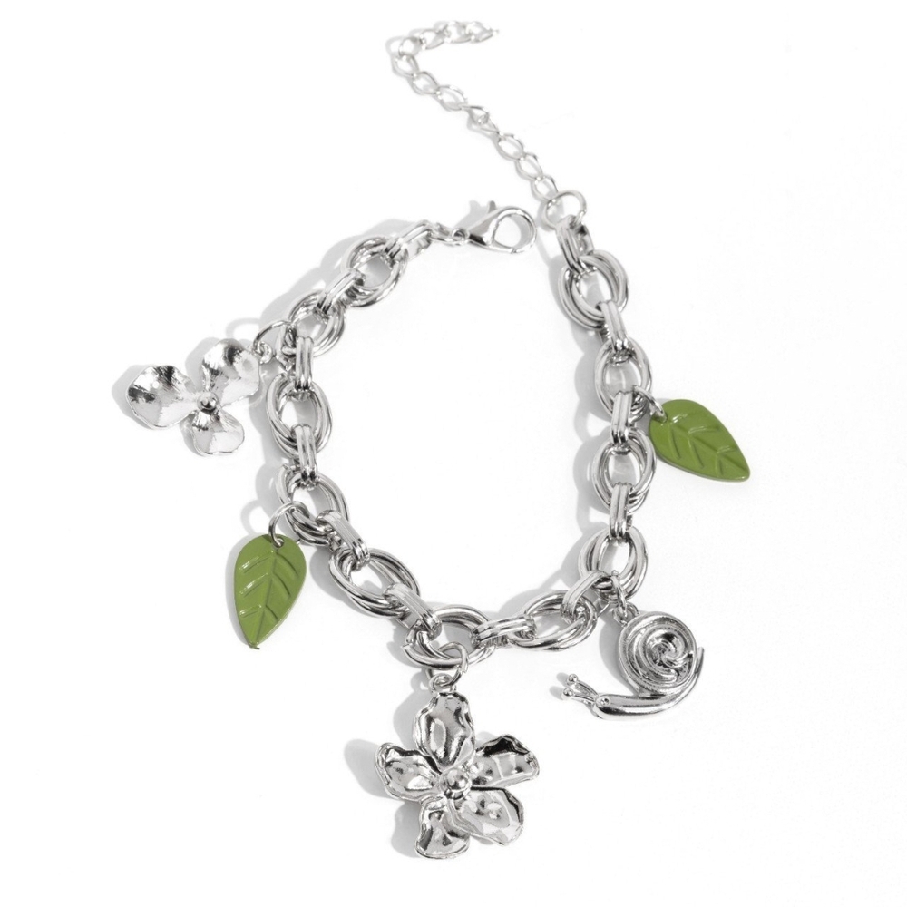 Paparazzi Silver Green Charm Bracelet with Floral and Leaf Accents